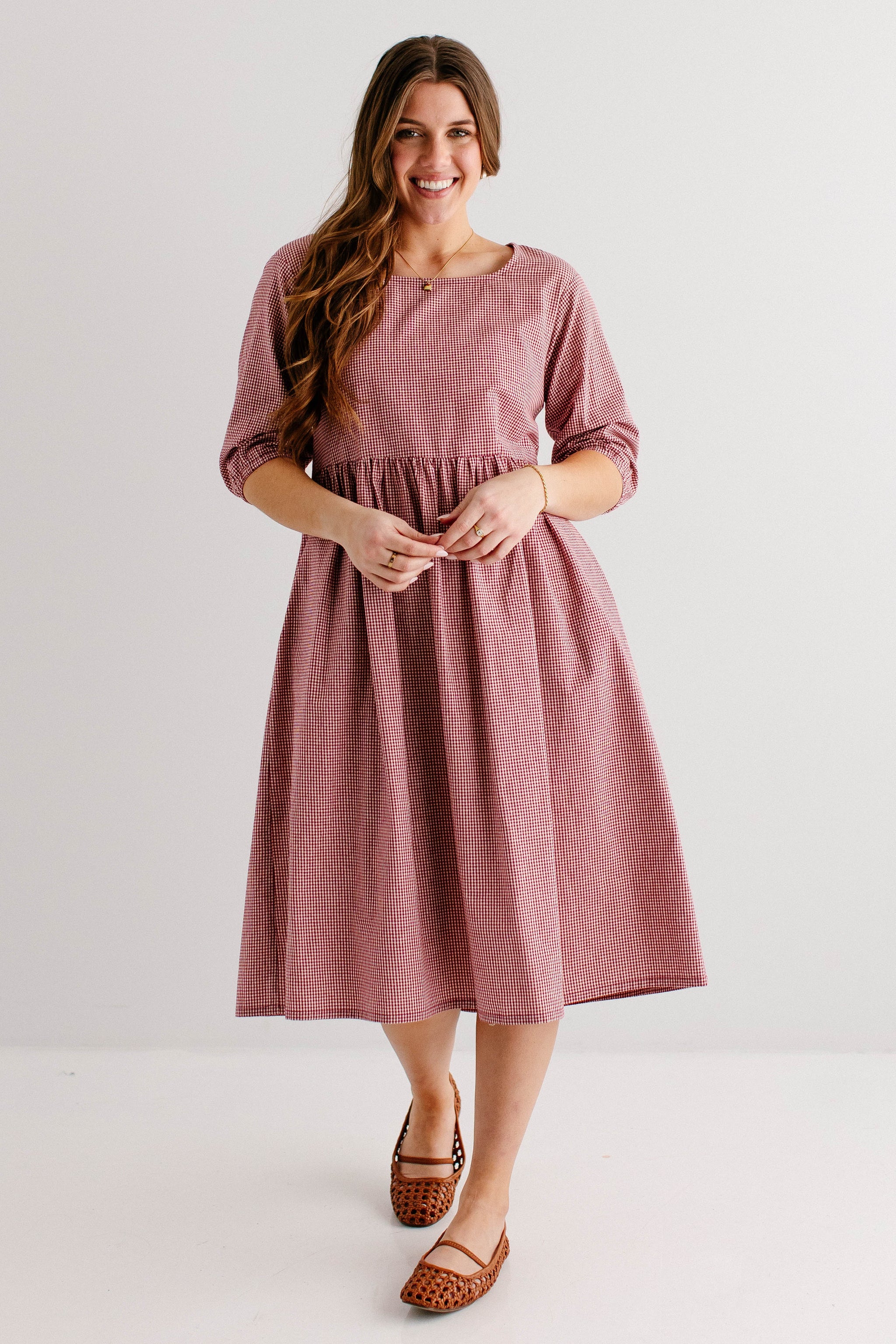 plus size gingham dress Beth Square Neck Gingham Midi Dress Deep Red / S
