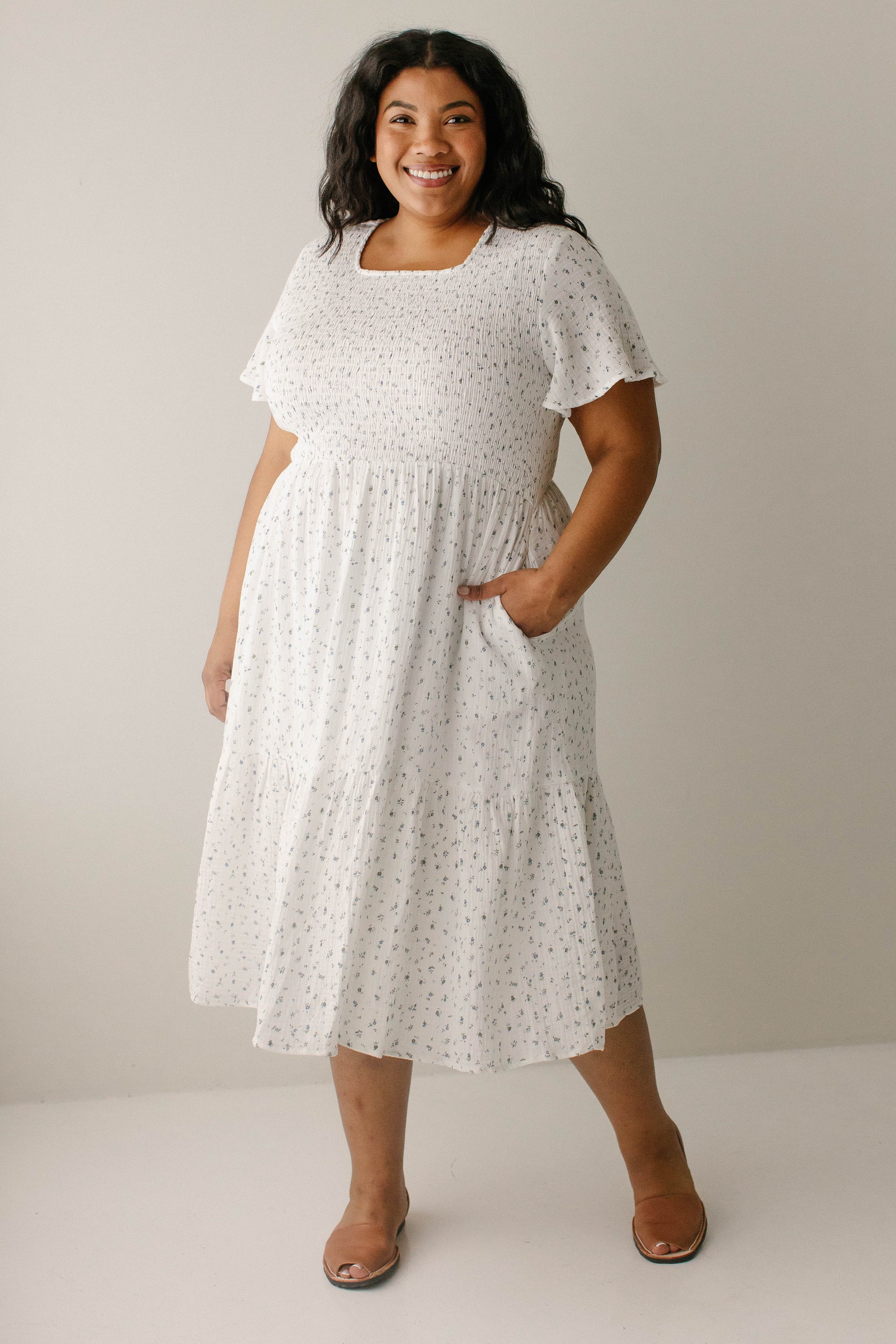 Lynette' Cotton Gauze Floral Print Tiered Midi Dress FINAL