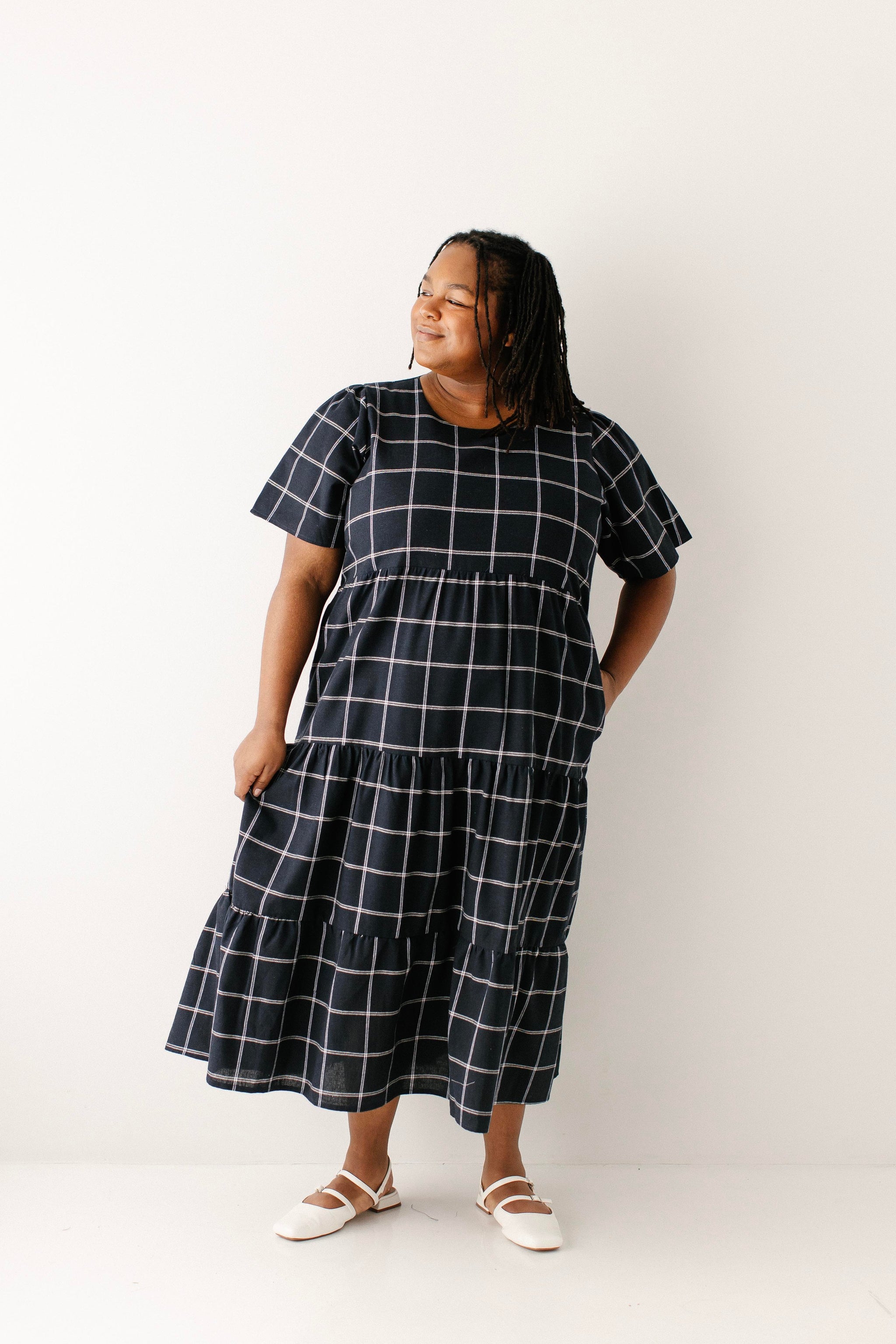 Melinda Windowpane Tiered Midi Dress – The Main Street Exchange