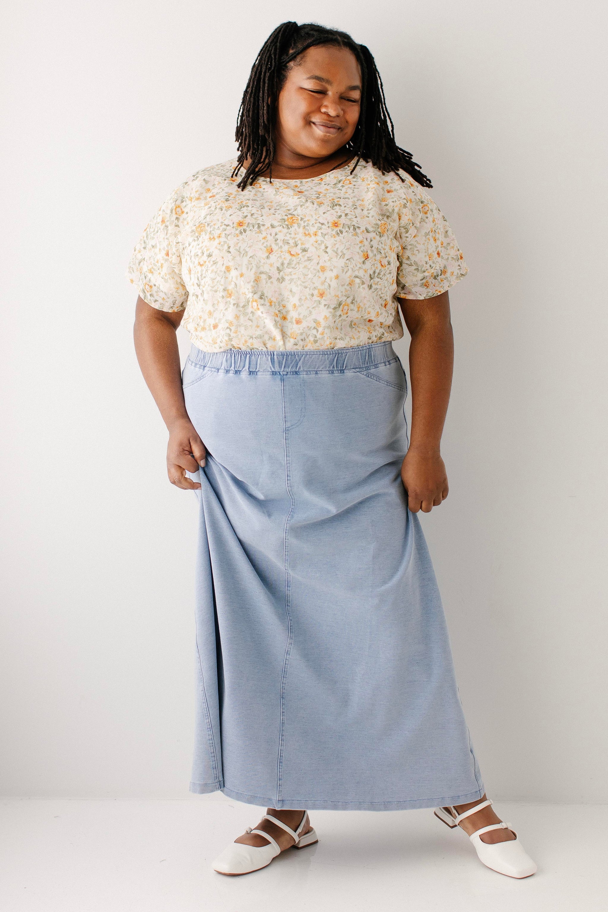 Caroline Long Knit Denim Skirt – The Main Street Exchange