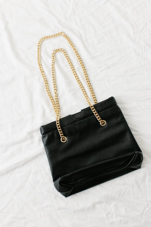 Vegan Leather Gold Chain Strap Purse in Black