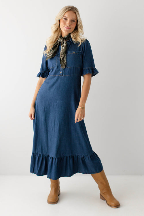 Delaney Chambray Ruffle Hem Maxi Dress