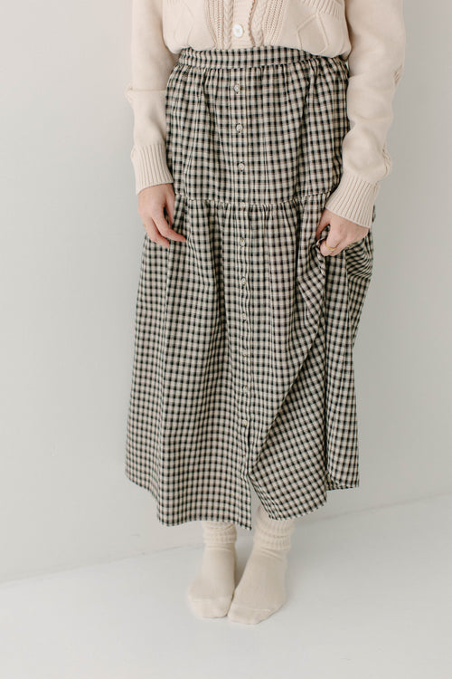 'Aquila' Button Down Black Plaid Gingham Midi Skirt
