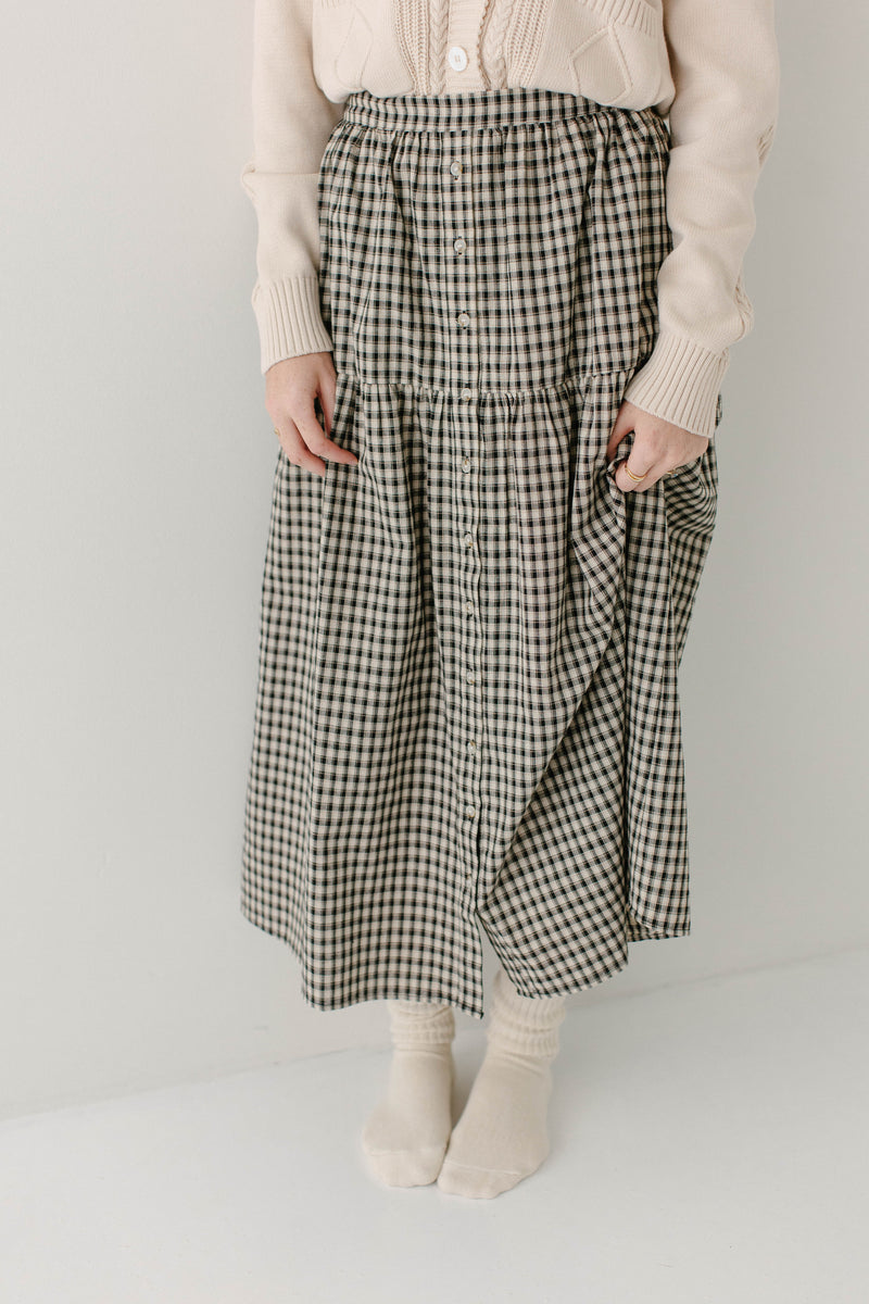 'Aquila' Button Down Black Plaid Gingham Midi Skirt