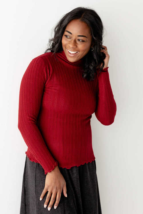 'Lucille' Pointelle Knit Mock Neck Layering Top