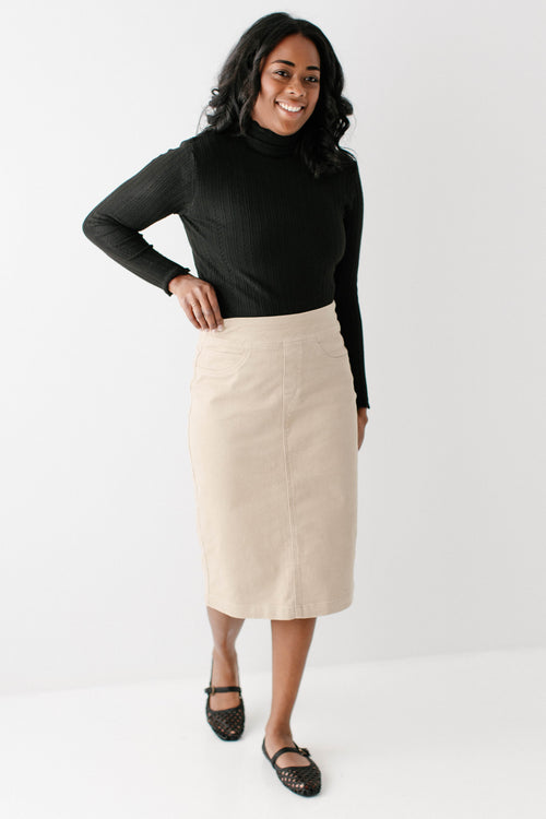 'Sara' Stretch Denim Skirt in Khaki