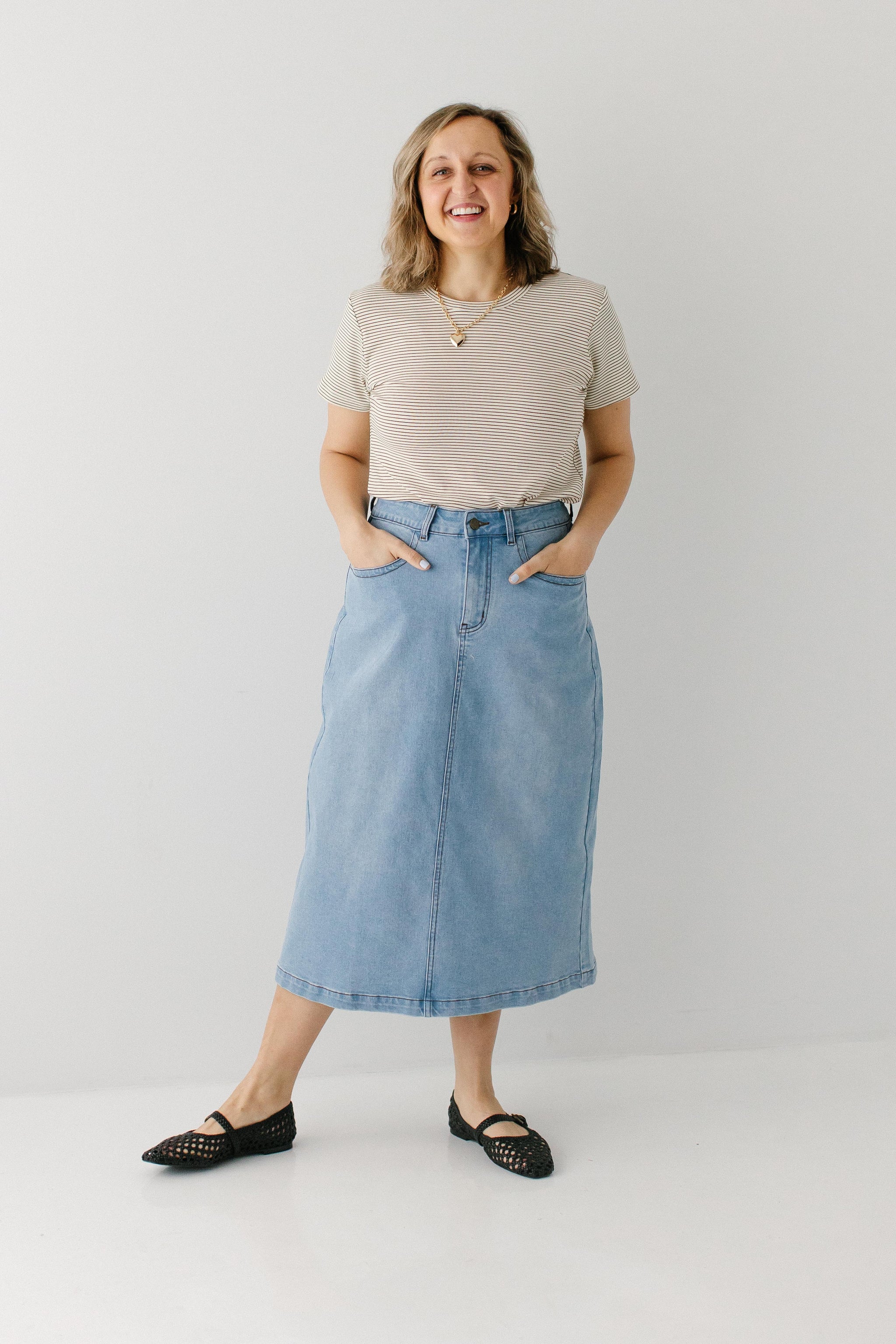 Renee A-Line Stretch Denim Midi Skirt – The Main Street Exchange