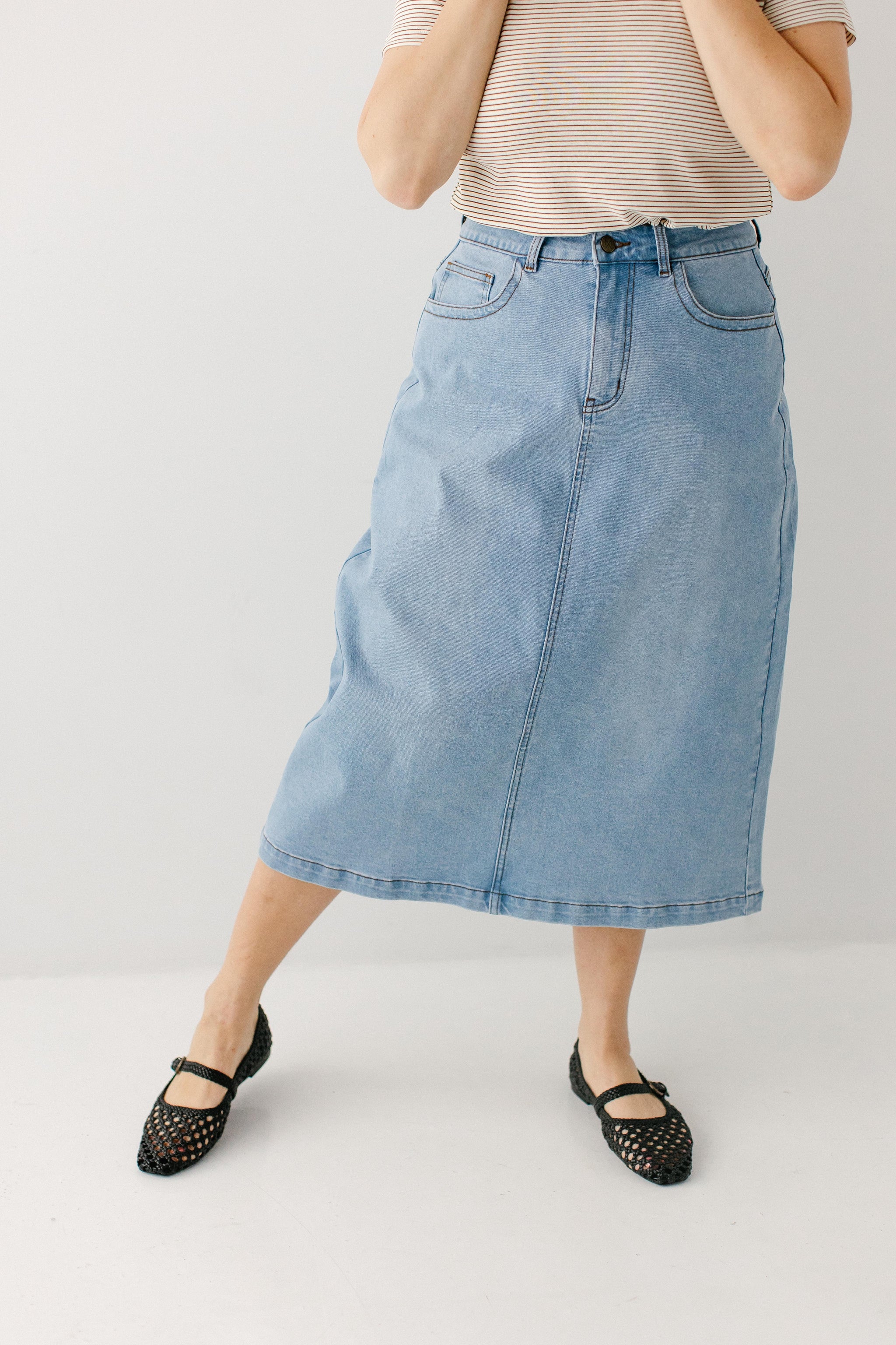 Renee A-Line Stretch Denim Midi Skirt – The Main Street Exchange