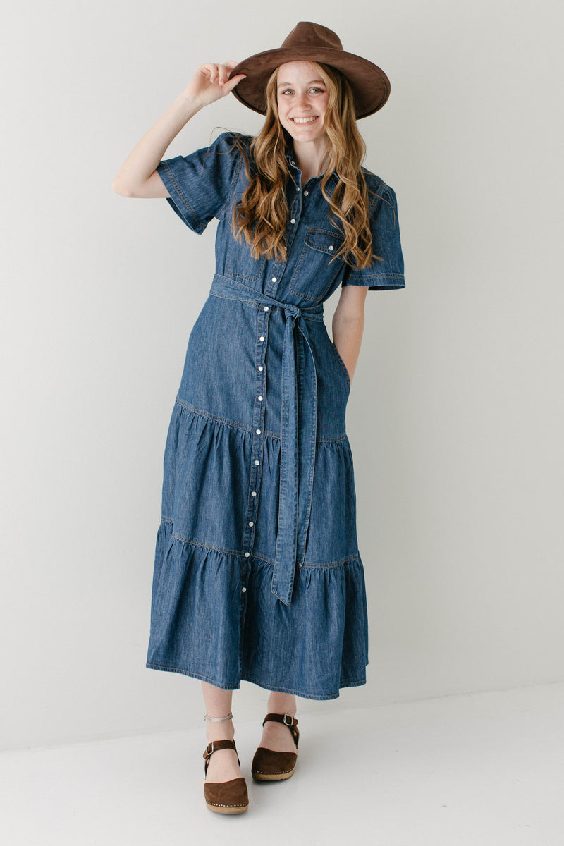 'Phoebe' Collared Snap Button Denim Midi Dress