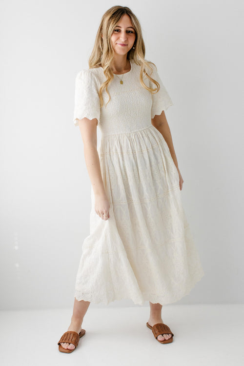 'Alyce' Embroidered Eyelet Smocked Bodice Maxi Dress