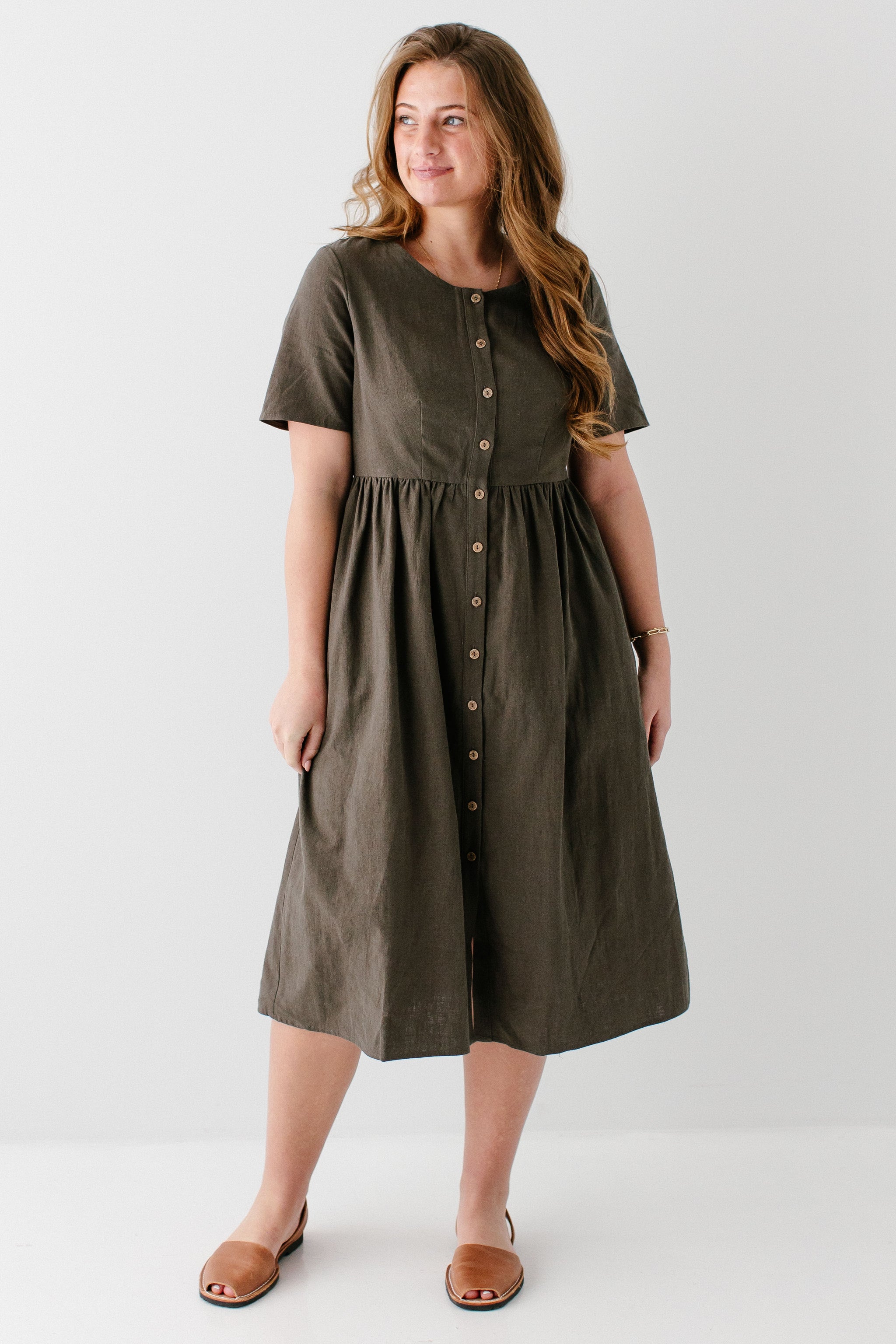 a line button down midi dress Women's Long Sleeve Linen Button Down Midi Dress