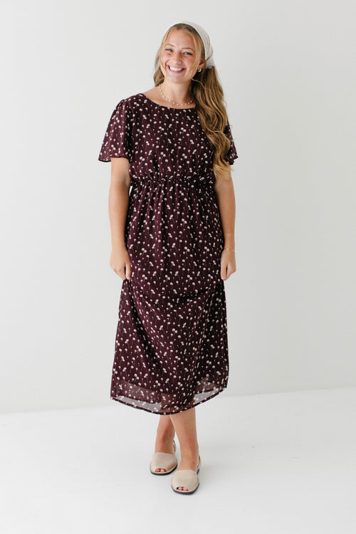 'Naomi' Floral Midi Dress in Wine