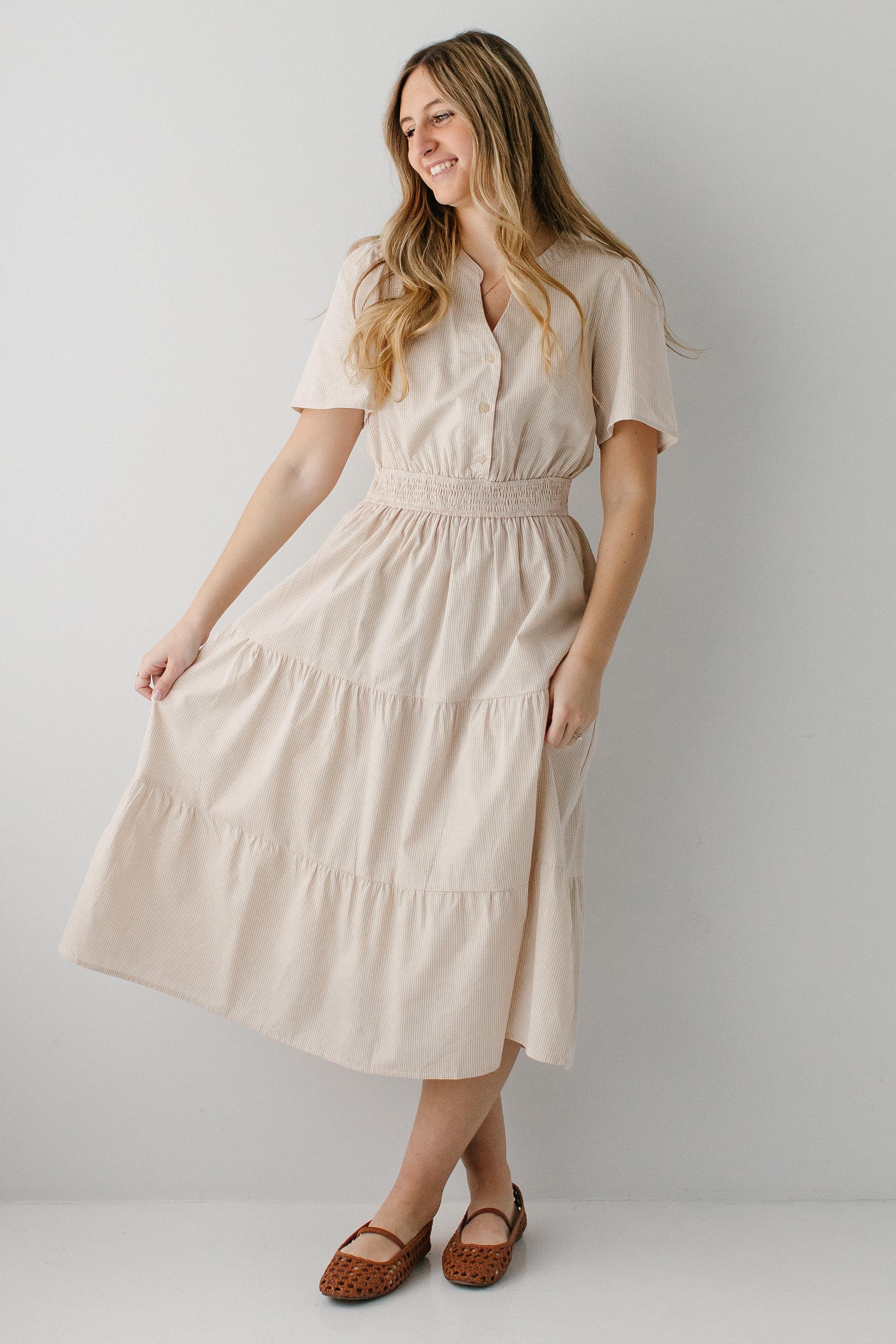 Marina Tiered Gingham Midi Dress Light Beige / XL Marina Tiered Gingham Midi Dress Light Beige / XL