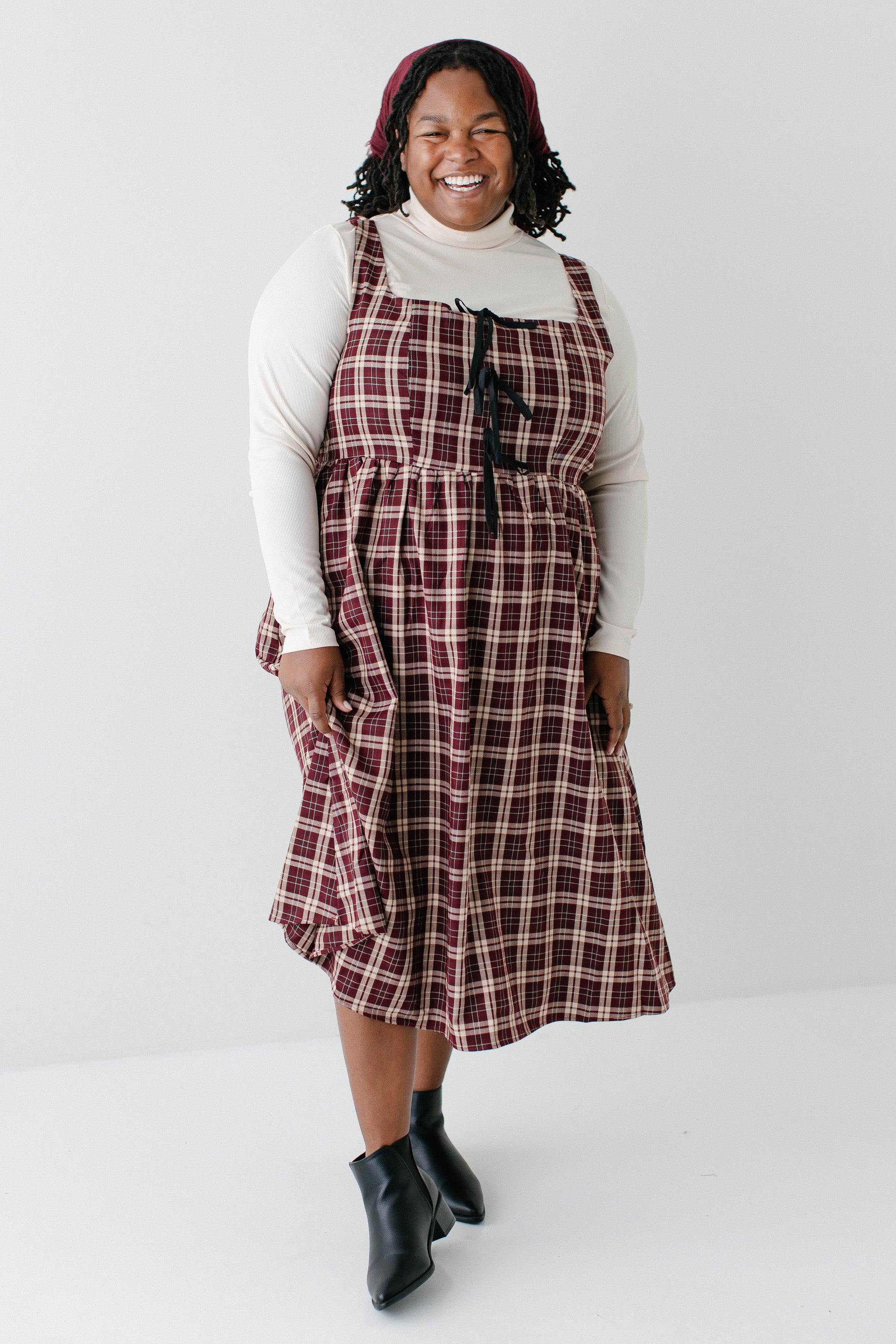 Plus 'Joy' Cotton Blend Plaid Pinafore Midi Dress FINAL SALE Burgundy / 2X Plus 'Joy' Cotton Blend Plaid Pinafore Midi Dress FINAL SALE Burgundy / 2X