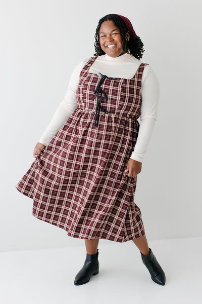 Plus 'Joy' Cotton Blend Plaid Pinafore Midi Dress Final Sale, Burgundy / 2X