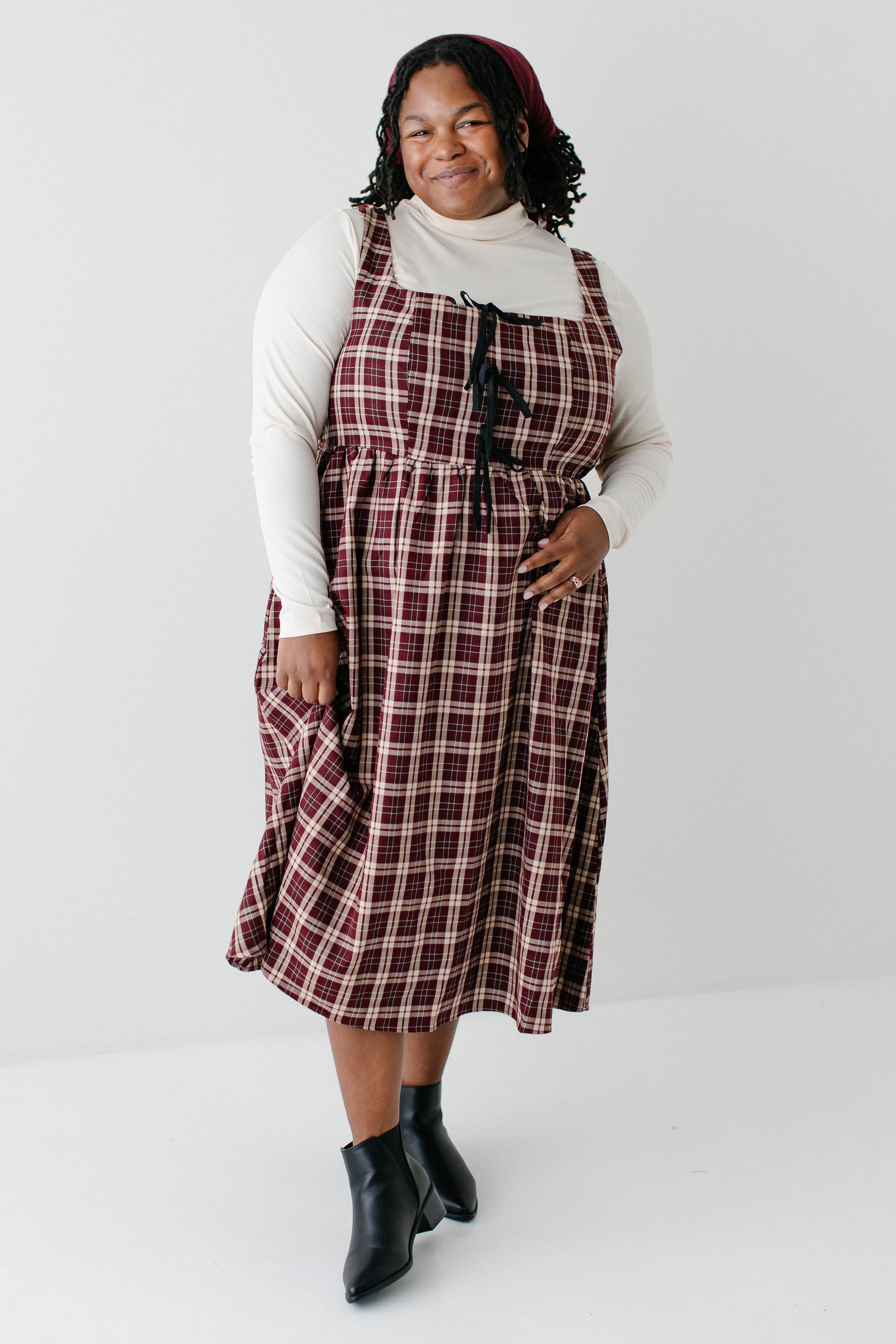 overall midi dress Plus 'Joy' Cotton Blend Plaid Pinafore Midi Dress FINAL SALE Burgundy / 2X