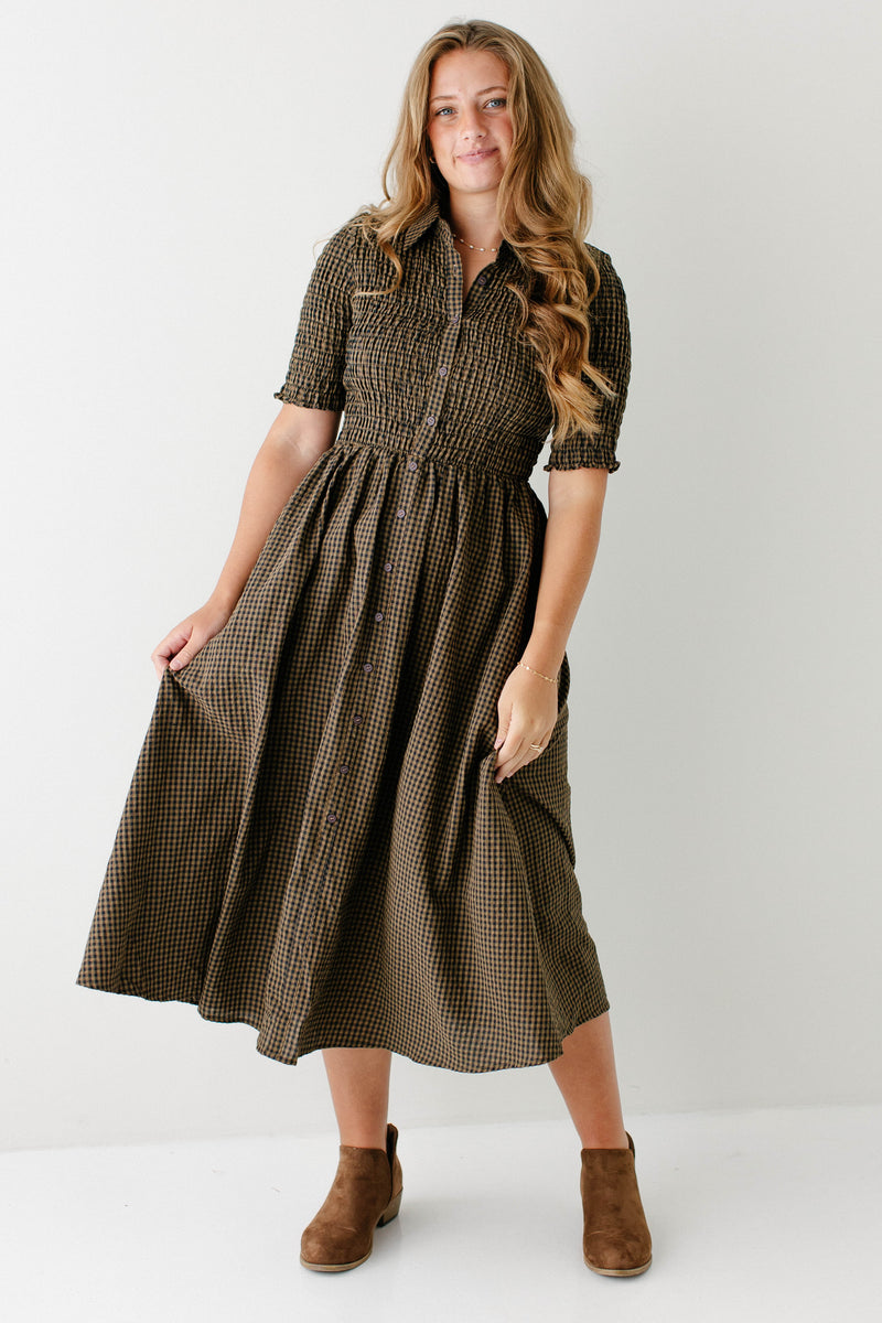 'Martha' Collared Smocked Gingham Midi Dress