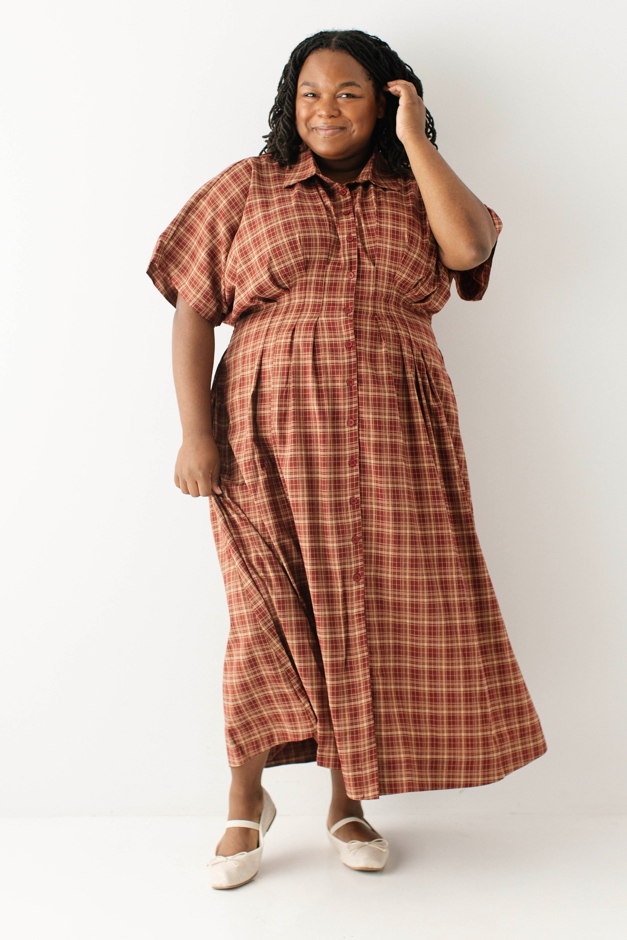 brown plaid button pleated midi dress Willa A-Line Rust / L Size:3x (22W/24W) 41 lengthM Sherri Hill Dress 57423 Gold Purple Mother Of