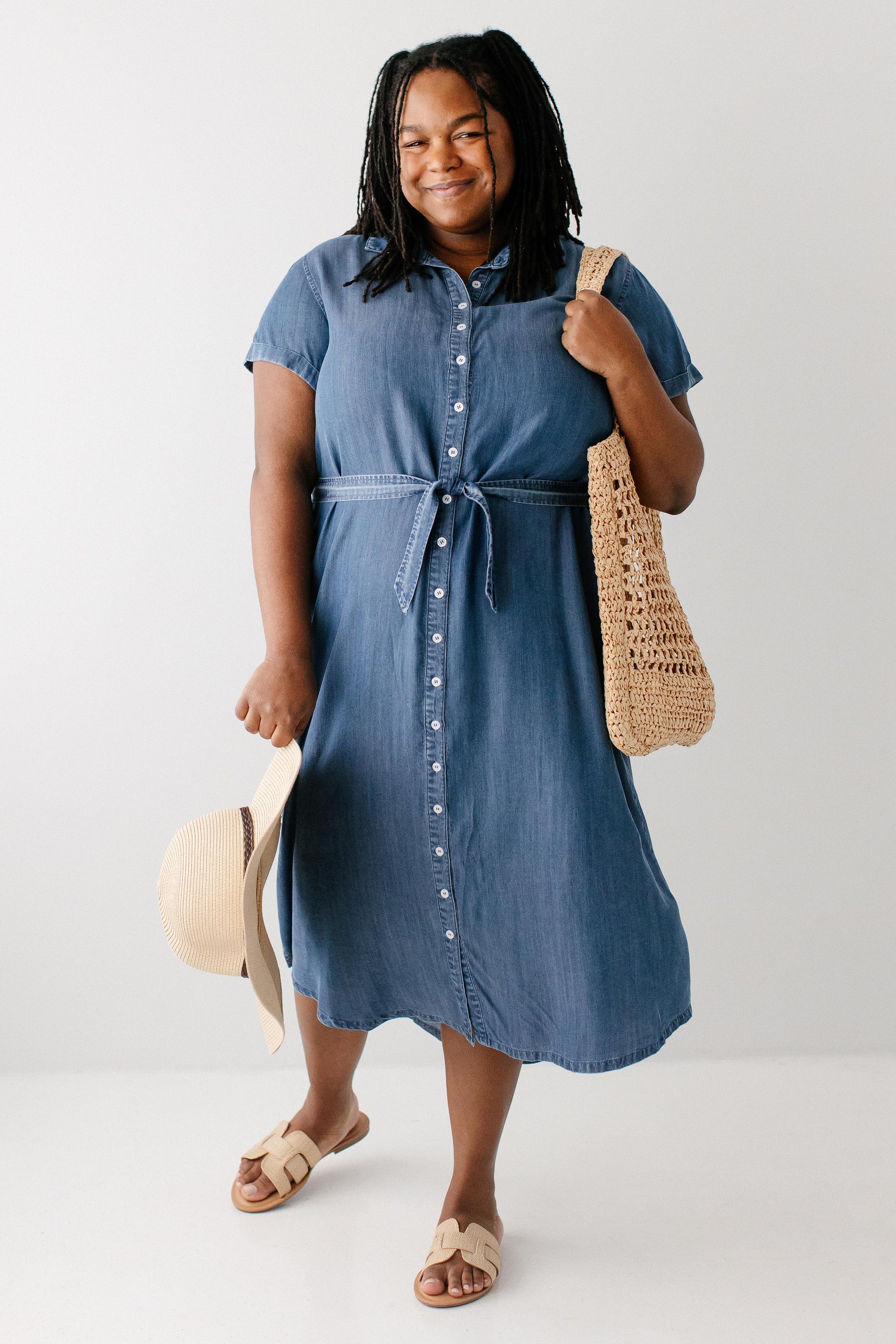 jolene chambray midi dress Evelyn Chambray Button Down Midi Dress Dark Wash / S