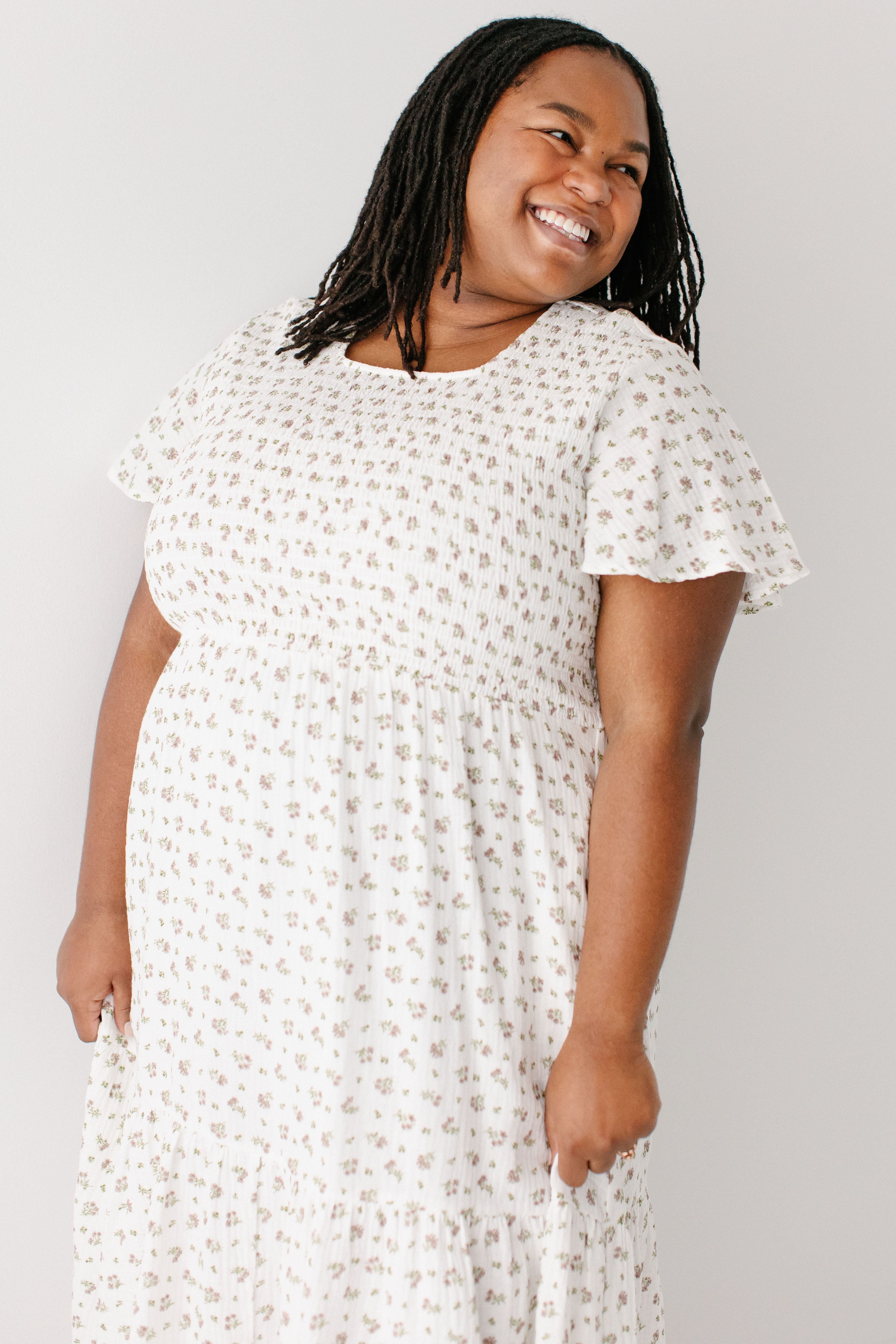 Lynette Smocked Bodice Floral Midi Dress FINAL SALE White / 2X