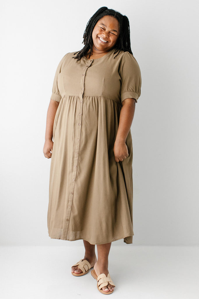Nora Button Front A-Line Dress Chai Brown / 3X Nora Button Front A-Line Dress Chai Brown / 3X