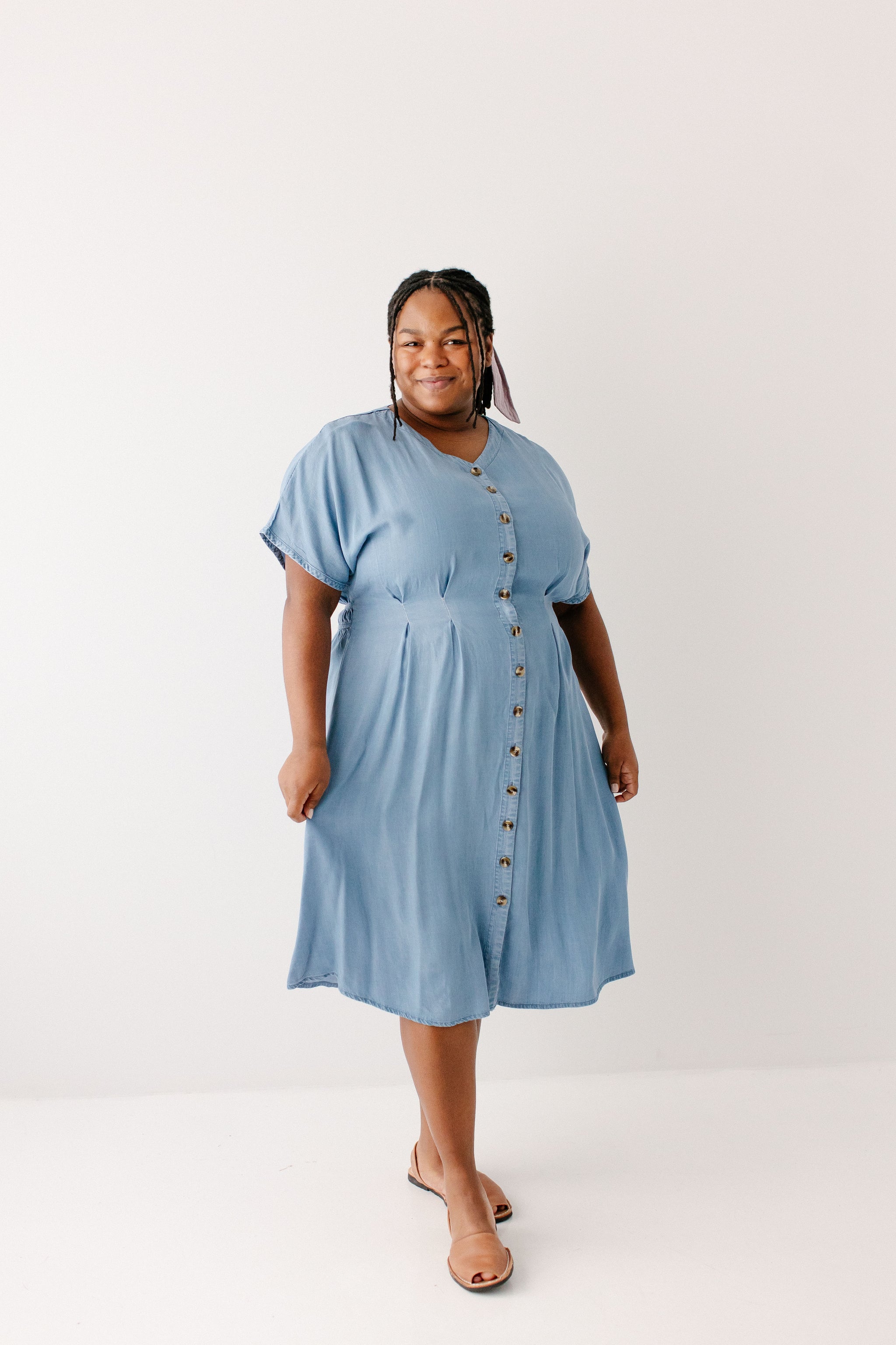 Emilia Pleated Chambray Midi Dress, Light Wash / L