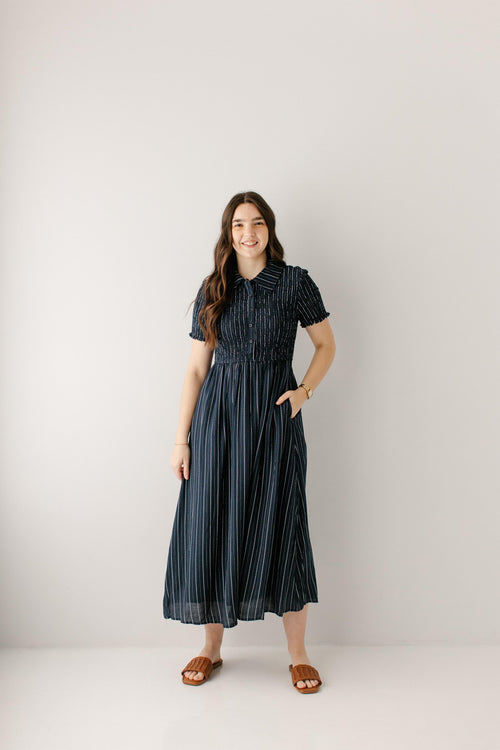 'Nautica' Smocked Bodice Pinstripe Maxi Dress