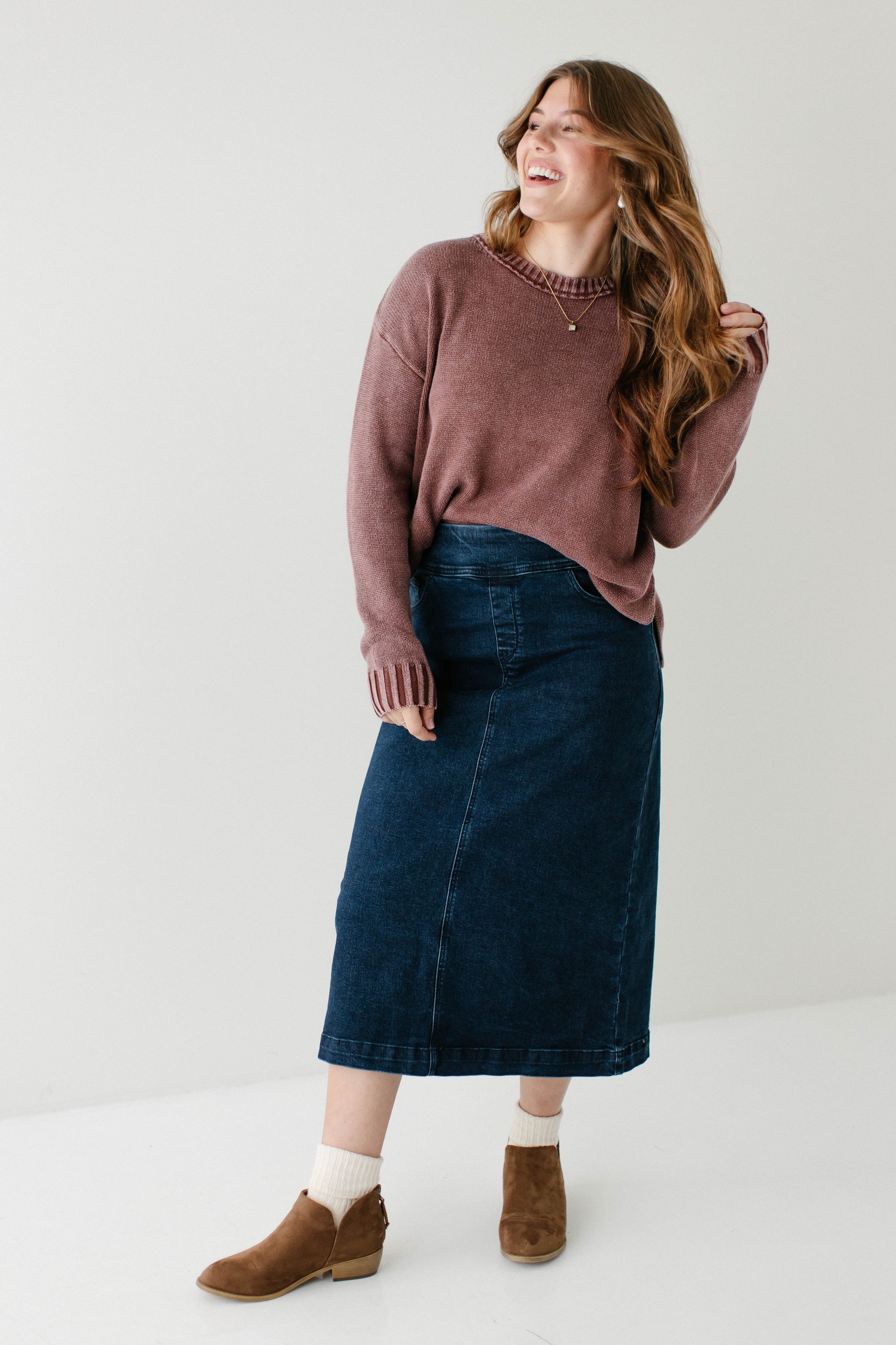 Margaret Stretch Denim Midi Skirt – The Main Street Exchange