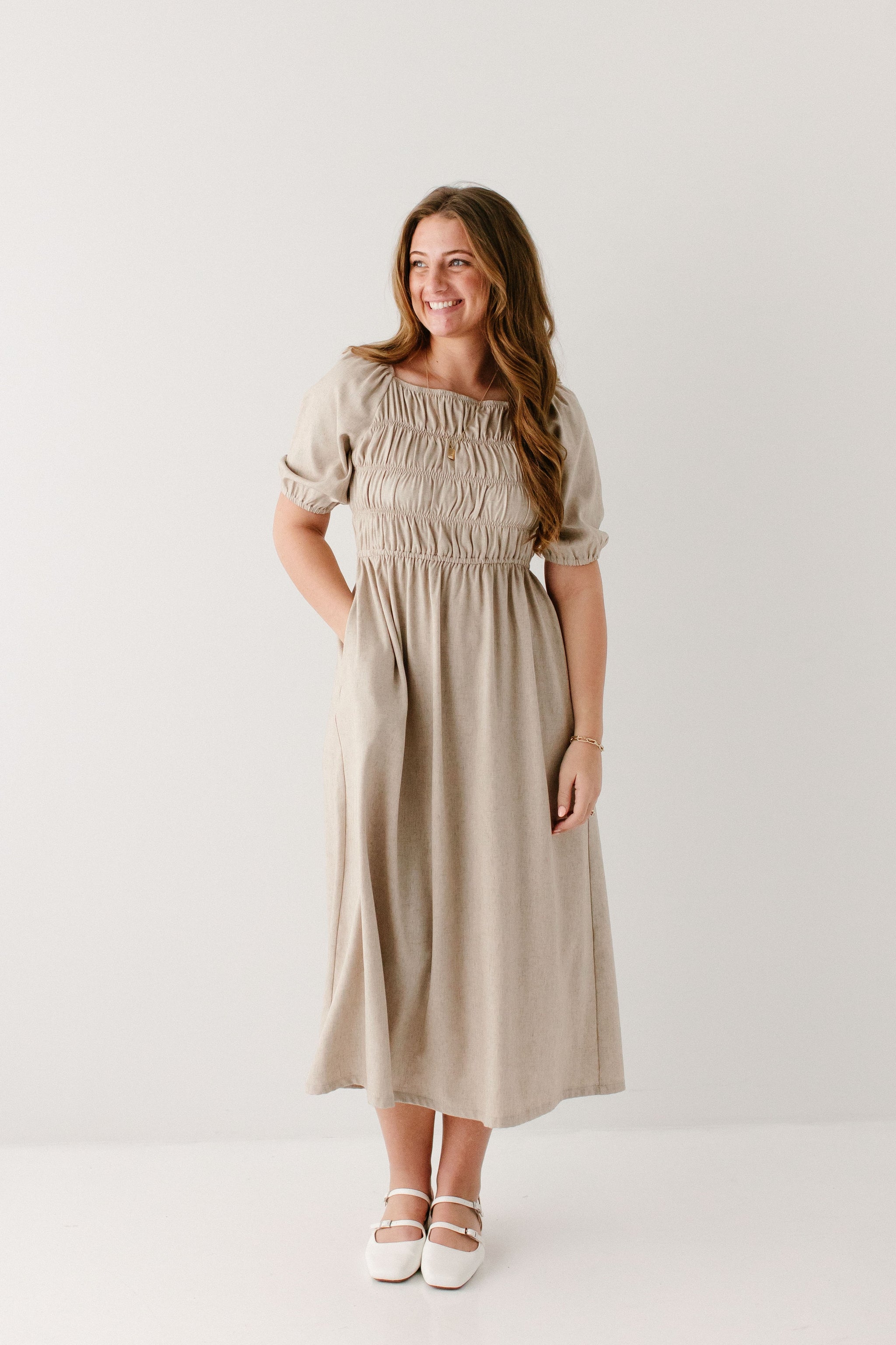 smocked peasant dress Willow Square Neck Smocked Bodice Midi Dress FINAL SALE Natural / XL