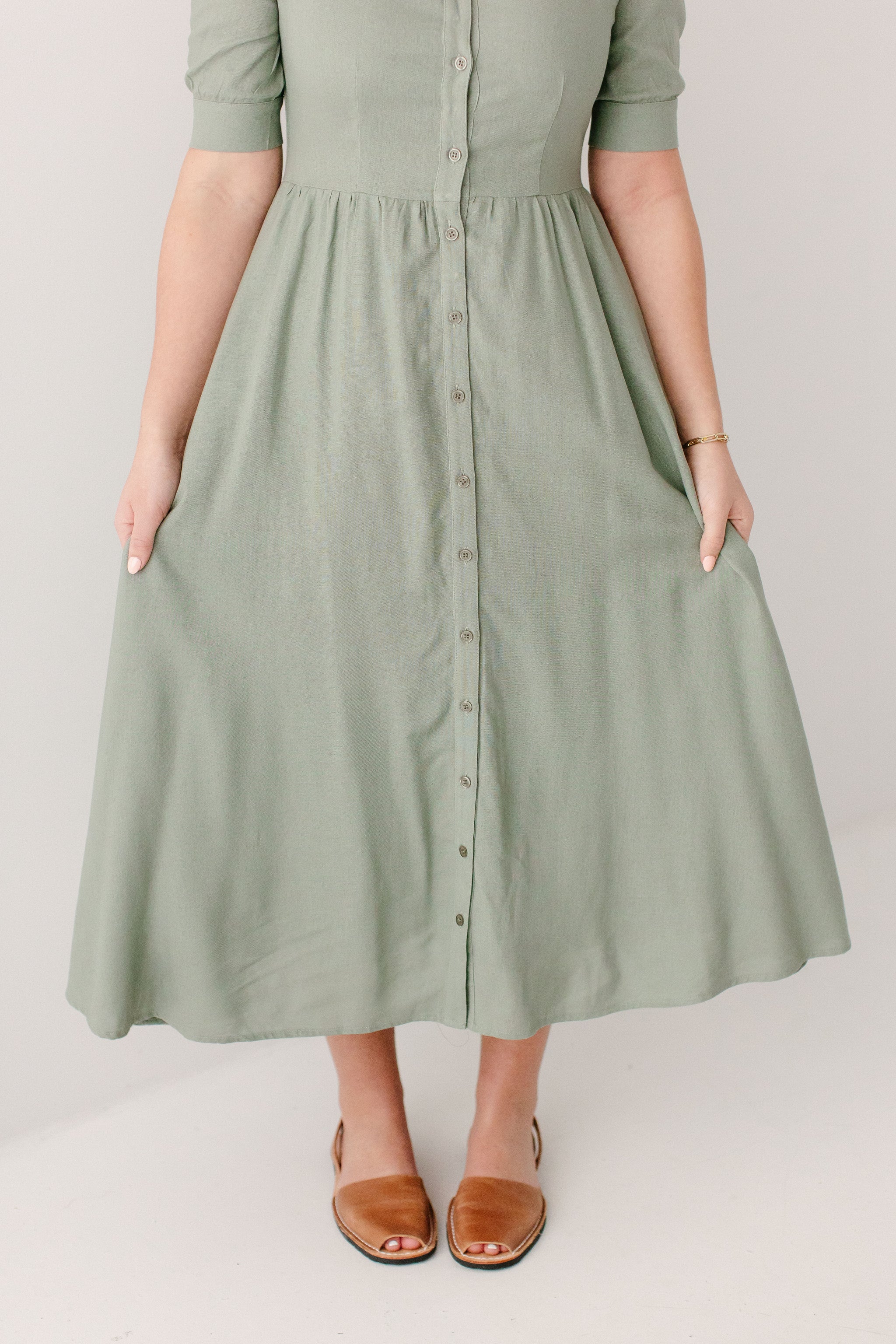 Nora Button Front A-Line Dress, Sage / XS