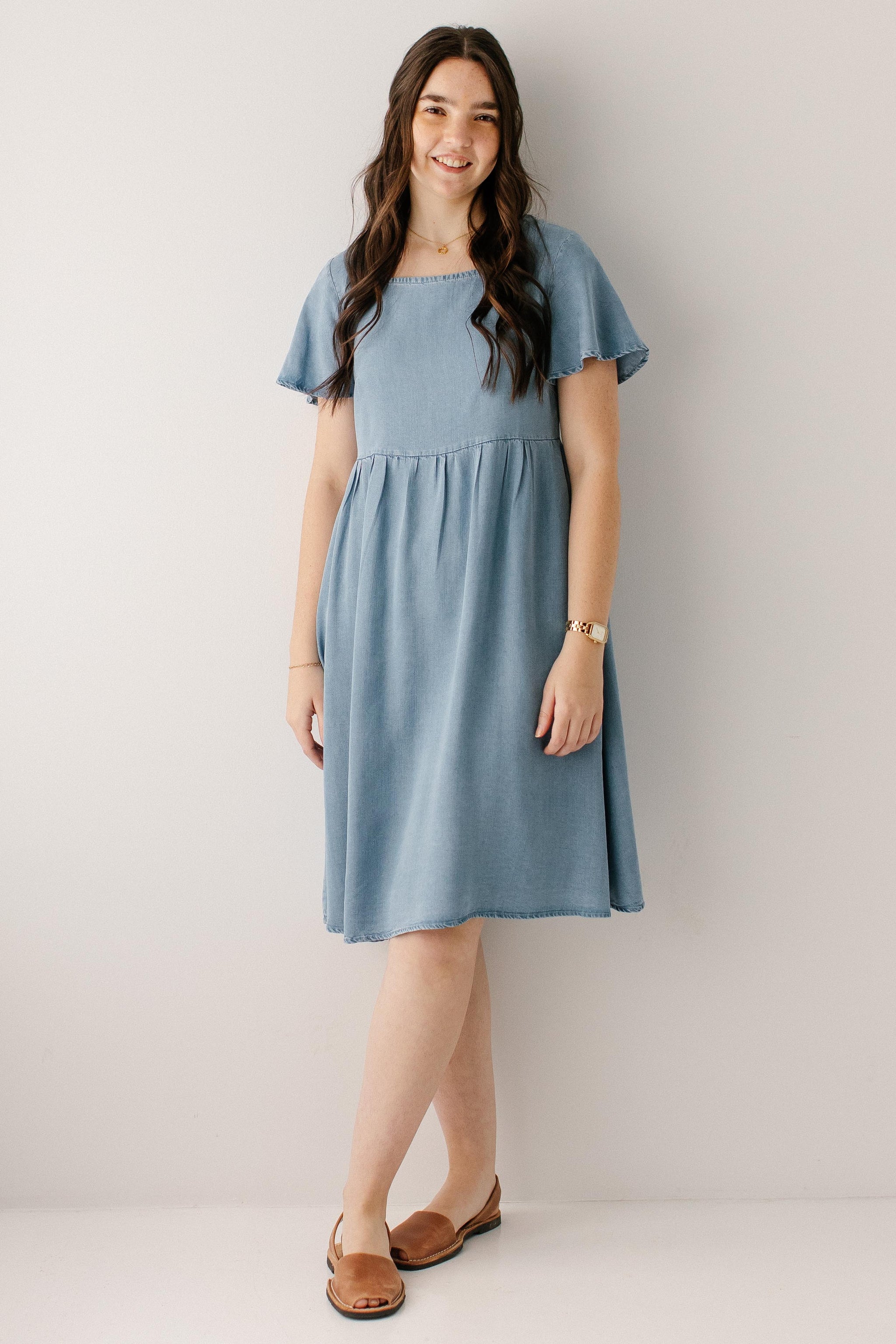 Savannah Square Neck Knee Length Dress Chambray / S