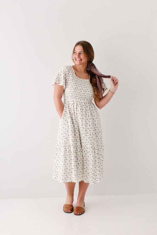 'Lynette' Smocked Bodice Floral Midi Dress