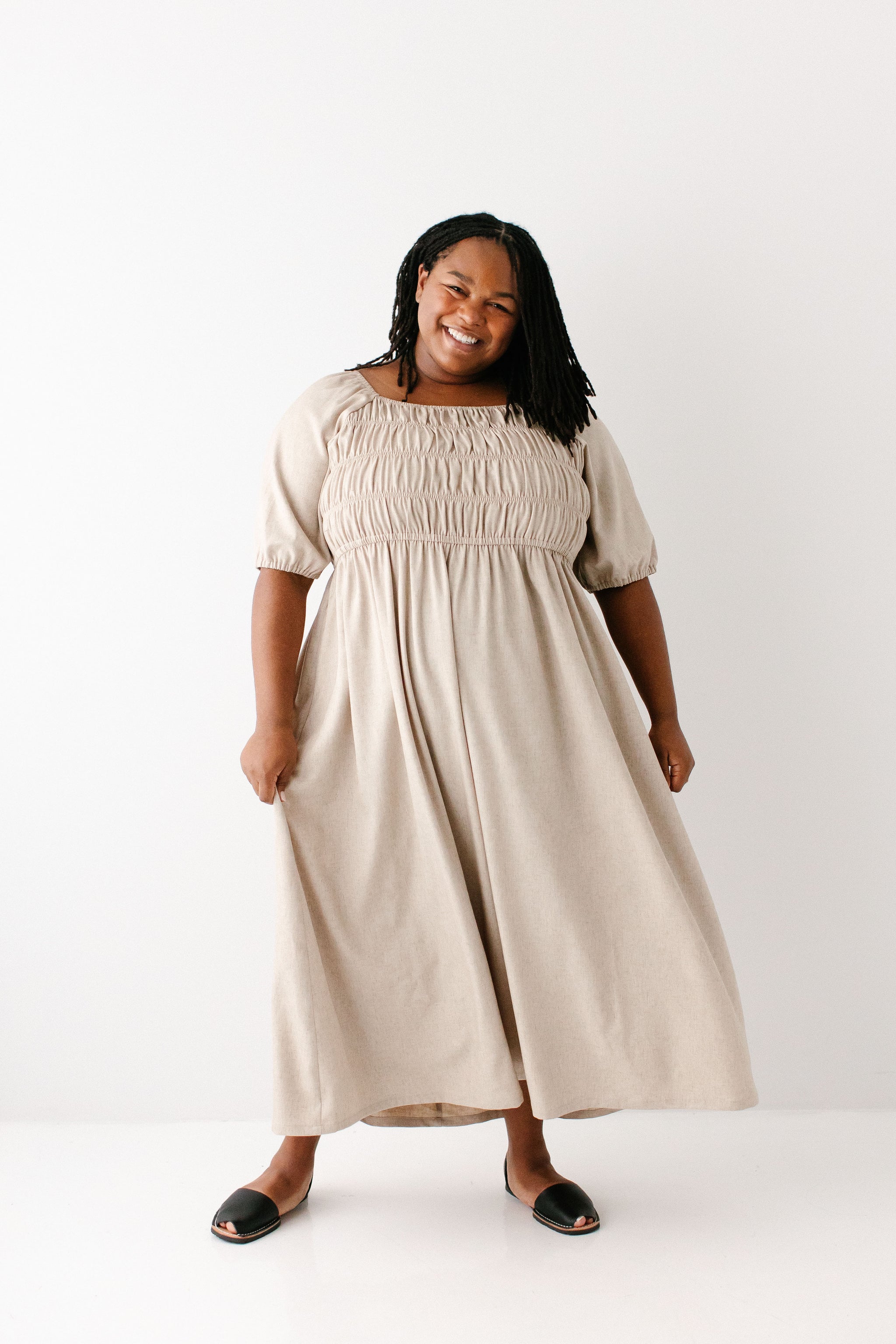 Willow Square Neck Smocked Bodice Midi Dress FINAL SALE Natural / XL