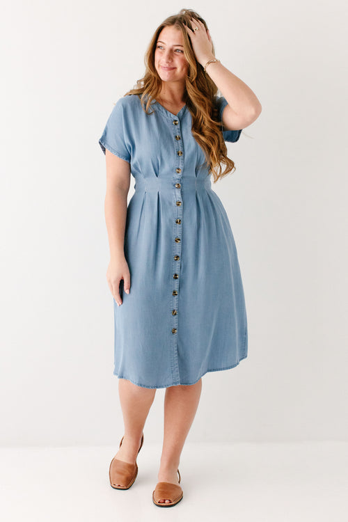 'Emilia' Pleated Chambray Midi Dress
