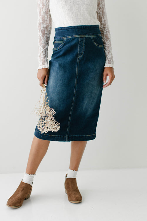 'Sara' Classic Knee Length Dark Denim Skirt