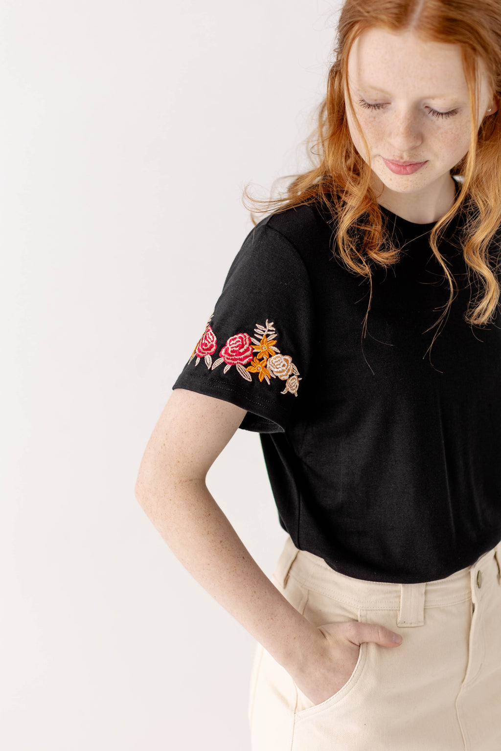 'Aubrey' Embroidered Sleeve Top in Black