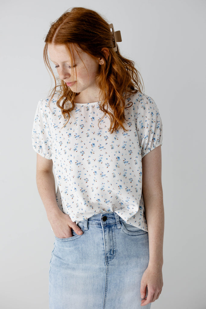'Martina' Puff Sleeve Ditsy Floral Print Top in White