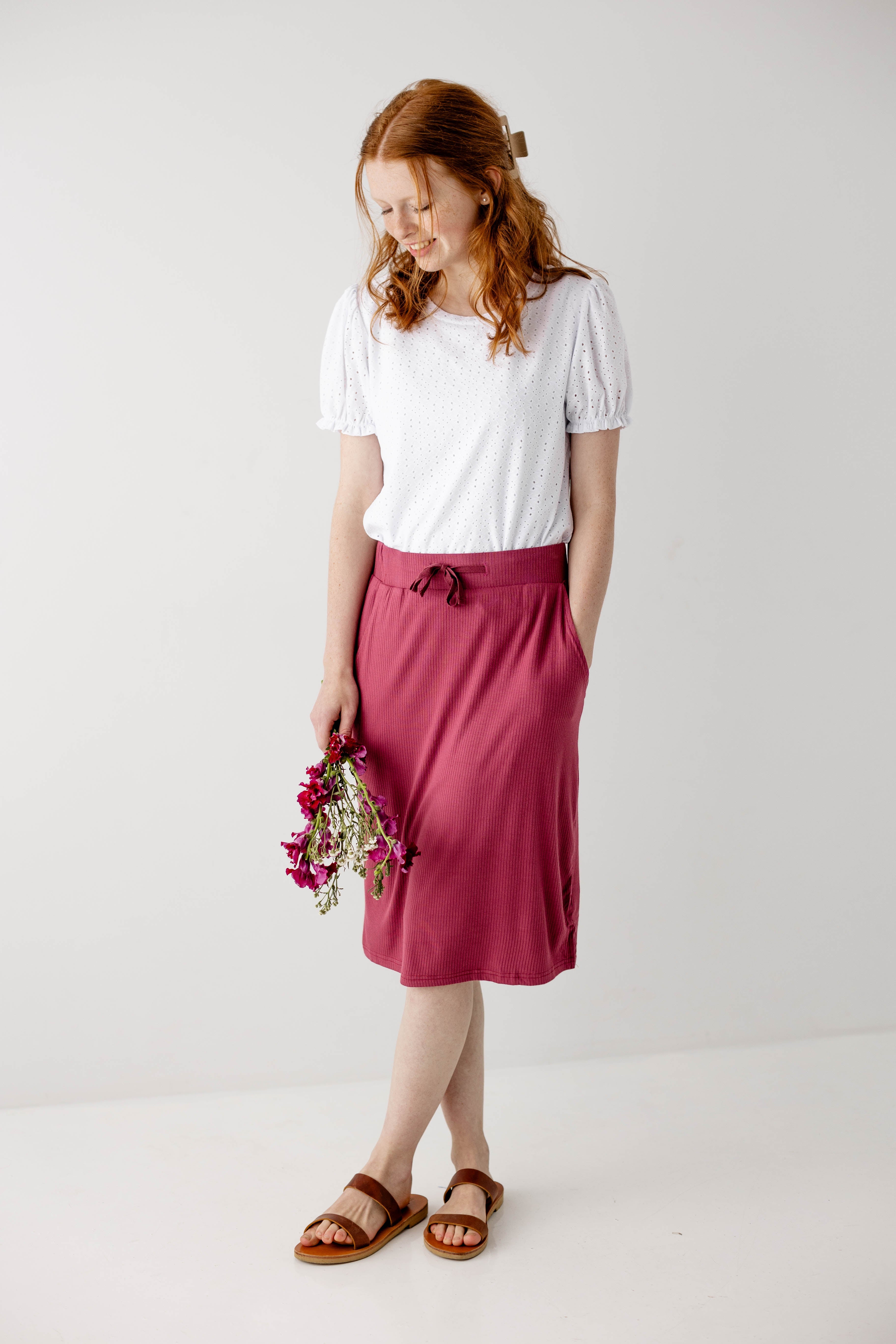 Lauren' Everyday Ribbed Knit Skirt in Dusty Fuchsia FINAL SALE