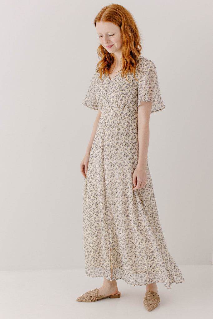'Vanessa' Flutter Sleeve Dainty Floral Midi Dress in Ivory