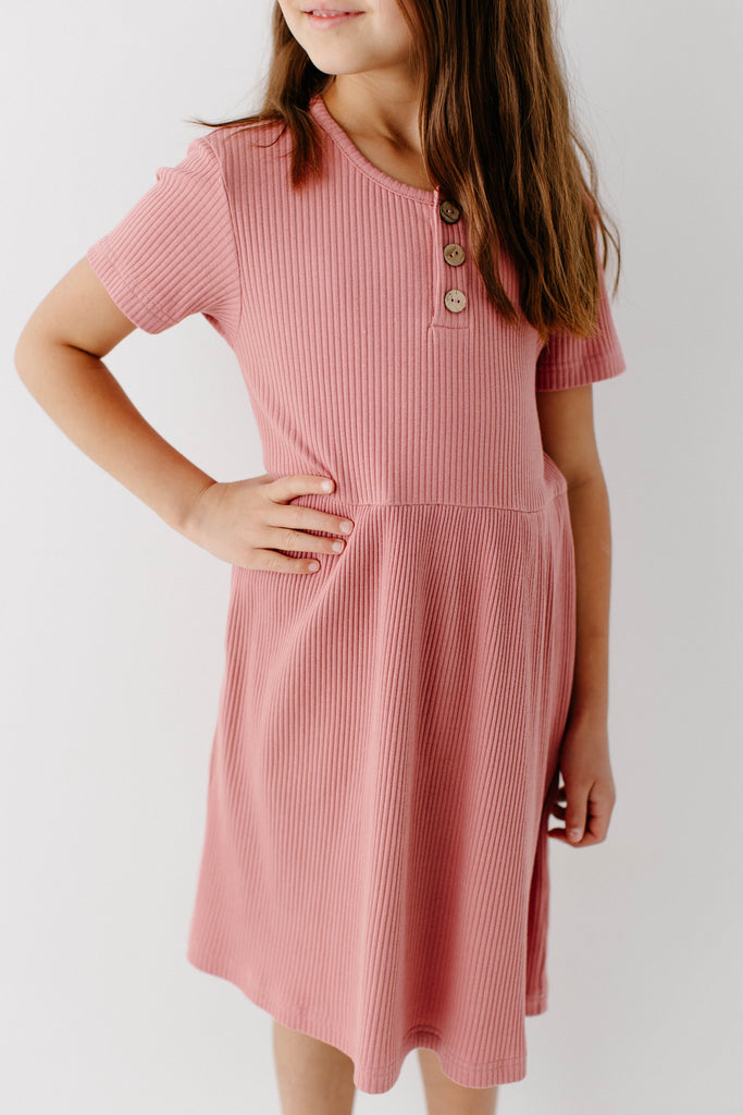 'Rosie' Girl Ribbed Knit Dress in Soft Pink