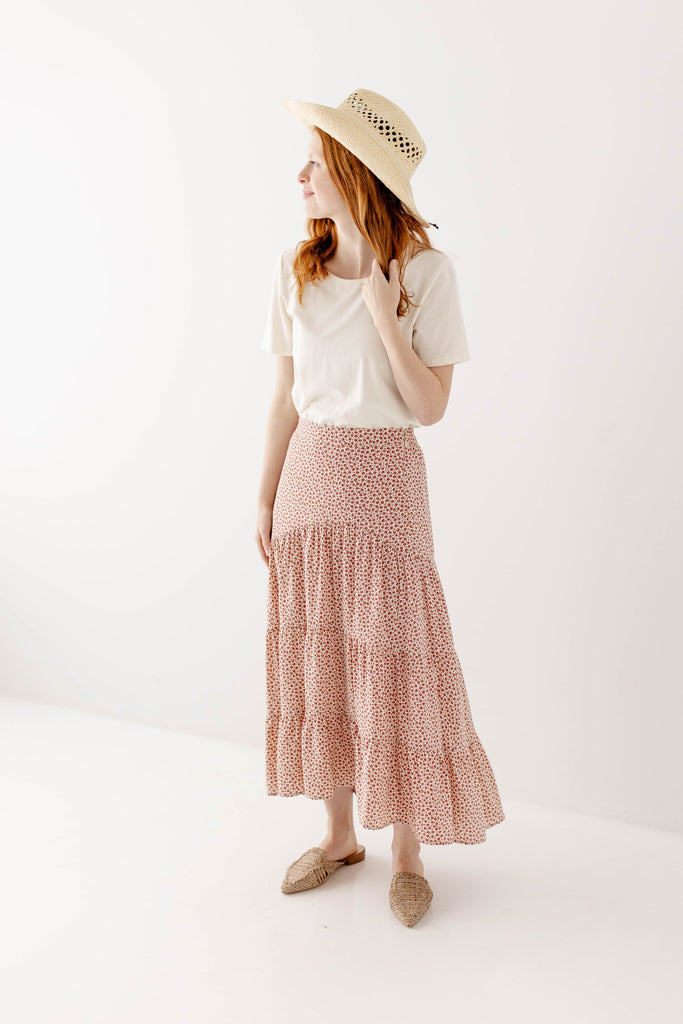 'Simone' Asymmetrical Floral Tiered Midi Skirt in Cream