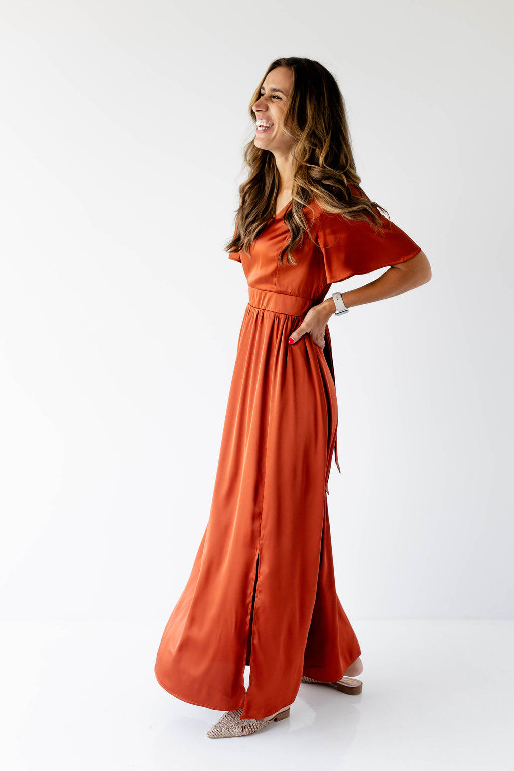 'Josephine' V-Neck Satin Maxi Dress in Rust