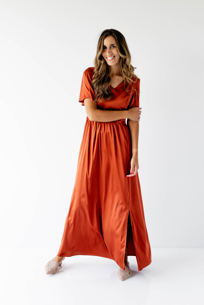 'Josephine' V-Neck Satin Maxi Dress in Rust FINAL SALE – The Main ...