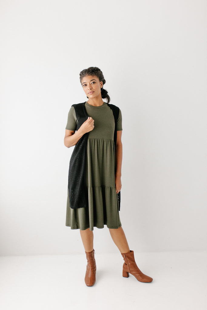 'Josie' Ribbed Tiered Midi Dress in Deep Olive