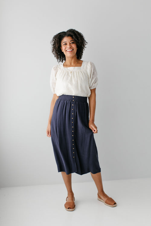 'Greta' Linen Blend Midi Skirt in Dark Blue FINAL SALE