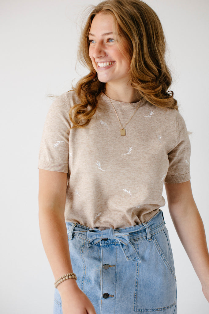 'Sparrow' Embroidered Short Sleeve Sweater Top in Oatmeal