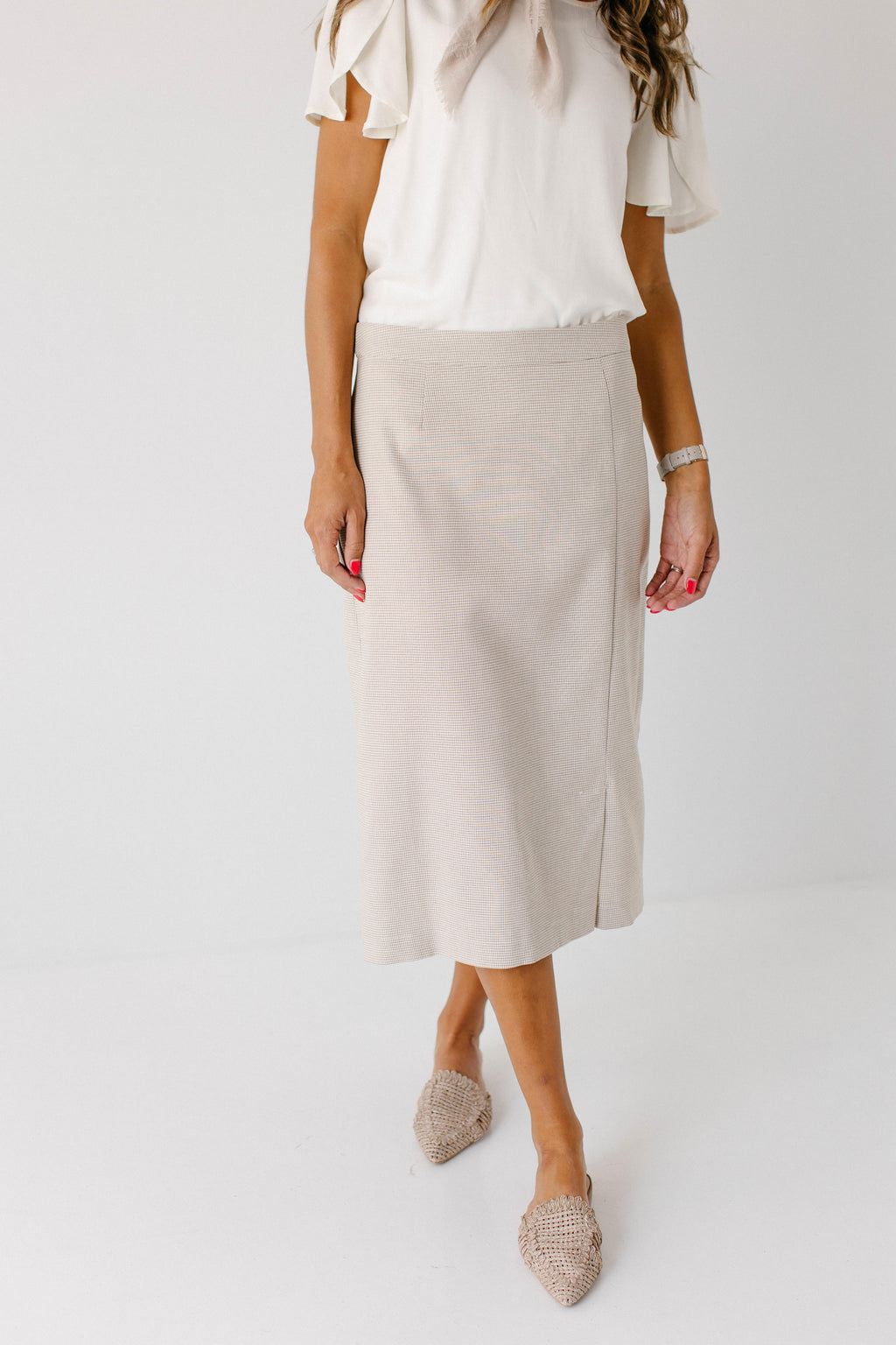 'Miranda' Grid Print Midi Skirt in Off White