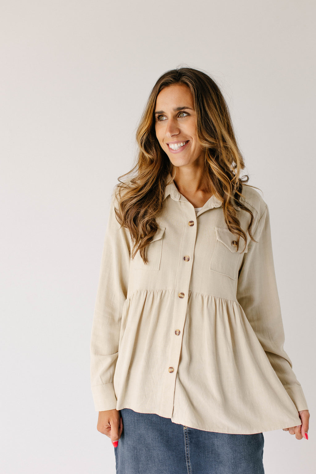 'Dawson' Peplum Collared Button Up Top in Taupe