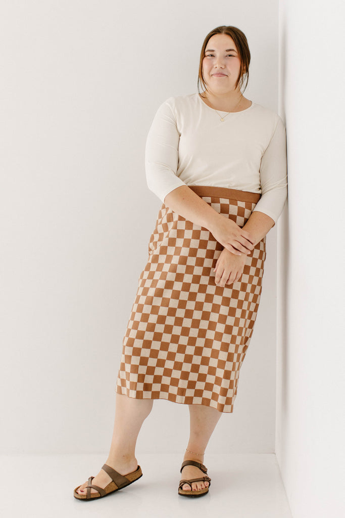 'Morgan' Checkered Print Sweater Skirt in Brown