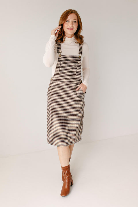 'Blaine' Plaid Print Overall Dress in Brown